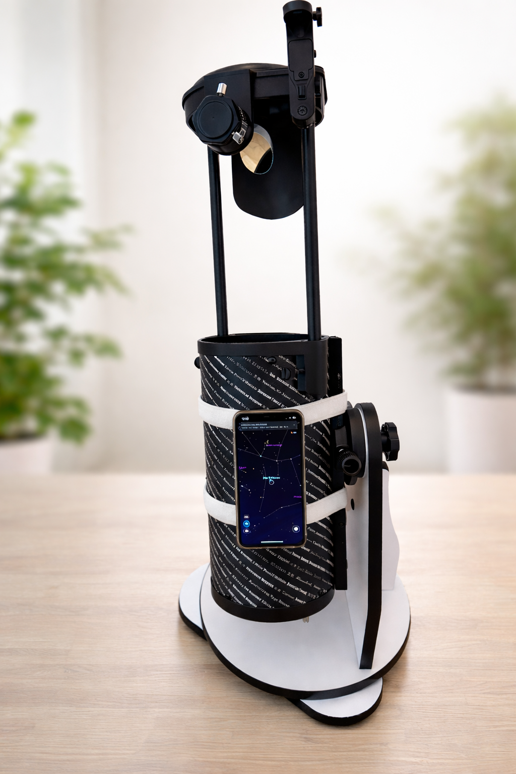 Phone mounted on tabletop Dobson with hook-and-loop straps